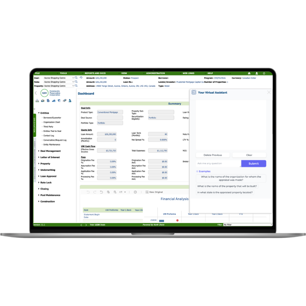 Screenshot of The CREF Operating System™ platform showing a user opening up the North Shore AI chatbox and getting ready to ask the AI engine a question about their current deal.